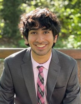 A picture of a man with thick curly brown hair, a grey suit, pink shirt, and pink and black tie. 