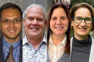 A composite image featuring four headshots of individuals side by side. From left to right: a man in a suit and tie with glasses, a man with shoulder-length wavy gray hair in a floral-patterned shirt, a woman with long brown hair wearing a white shirt and a blue sweater, and a woman with short brown hair wearing green-framed glasses and a gray coat. They are all smiling.