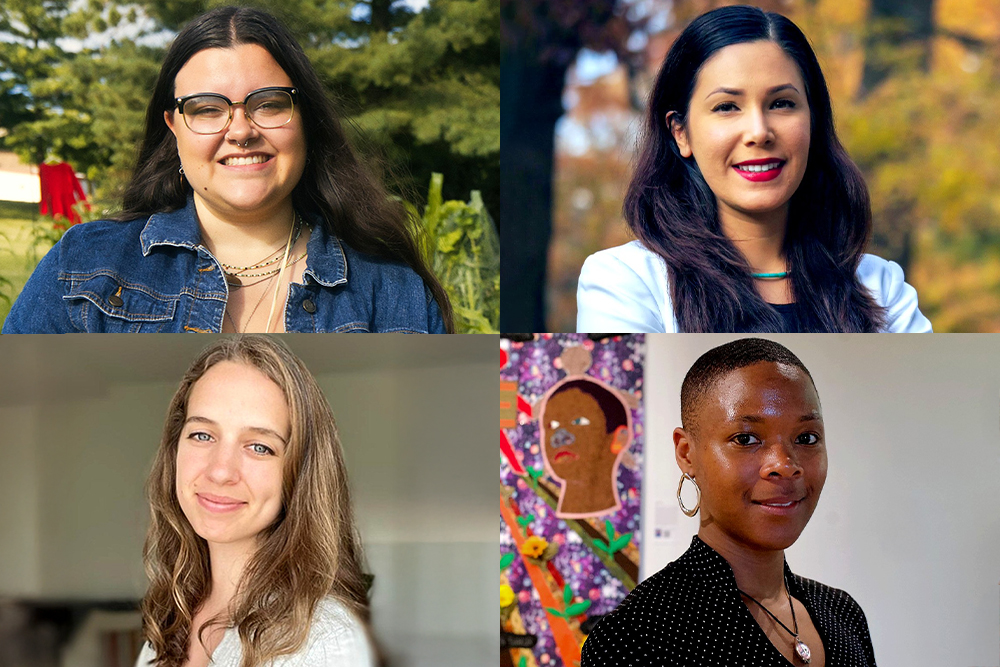 A collage of four portraits. Top left: A woman with long dark hair, glasses, and a denim jacket smiles outdoors in front of greenery. Top right: A woman with long dark hair and a white blazer smiles in a wooded area with autumn leaves. Bottom left: A woman with long light brown hair and a white shirt smiles indoors against a neutral background. Bottom right: A woman with short hair and hoop earrings stands in front of colorful artwork in a gallery setting, wearing a black polka-dot top.