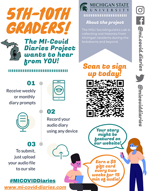 a poster for the MI-Covid diaries project addressing 5th-10th graders