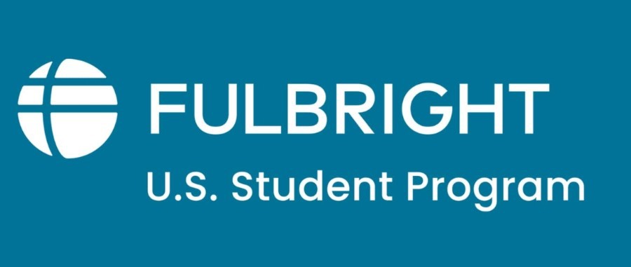 The Fulbright U.S. Student Program Logo; white font and blue background. 