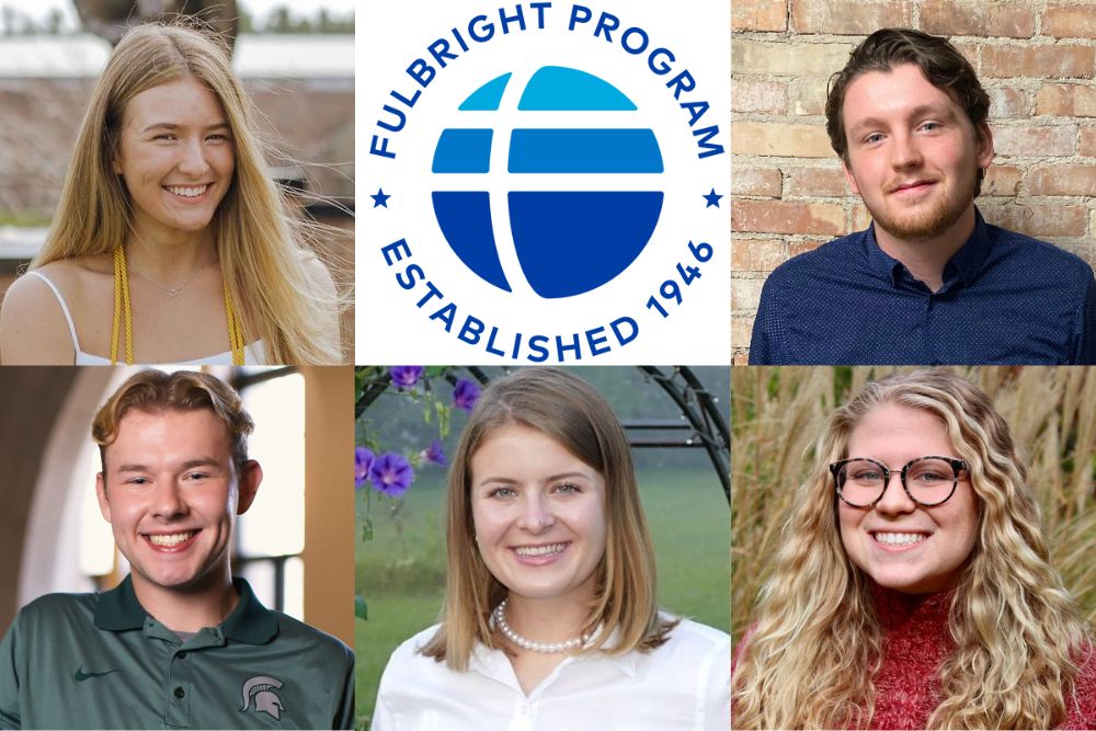 A photo composition of a series of students and a logo in shades of blue.