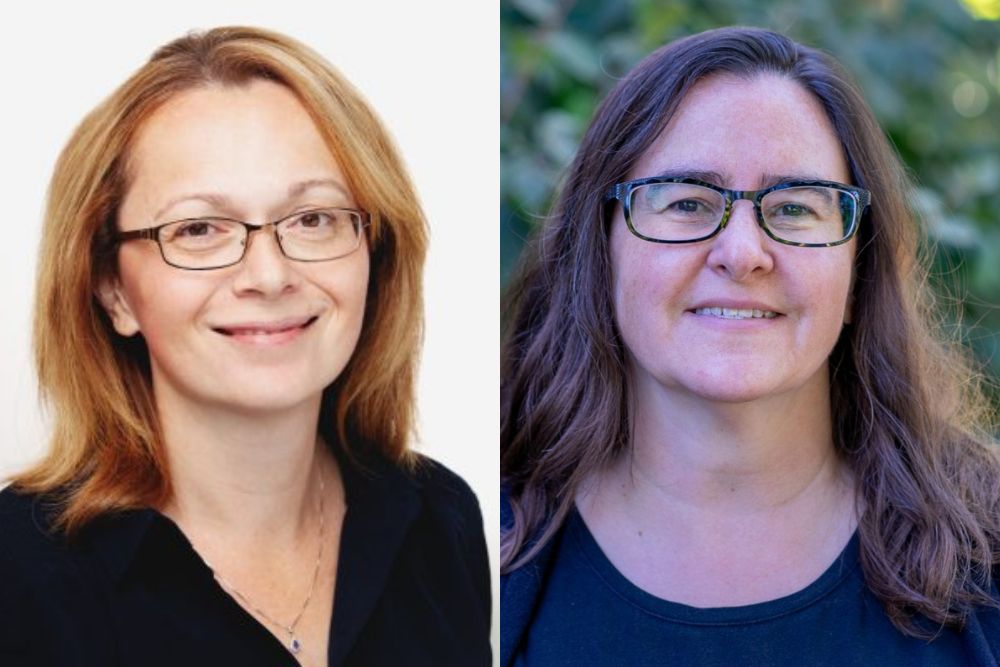 The image is a composite of two pictures of two women. The woman on the left has shoulder-length light brown hair, and she smiles at the camera. She wears a black top and thin-rimmed glasses. The woman on the right has long brown hair and is also smiling at the camera. She wears a dark shirt and thicker-framed glasses, with a background of green leaves behind her.